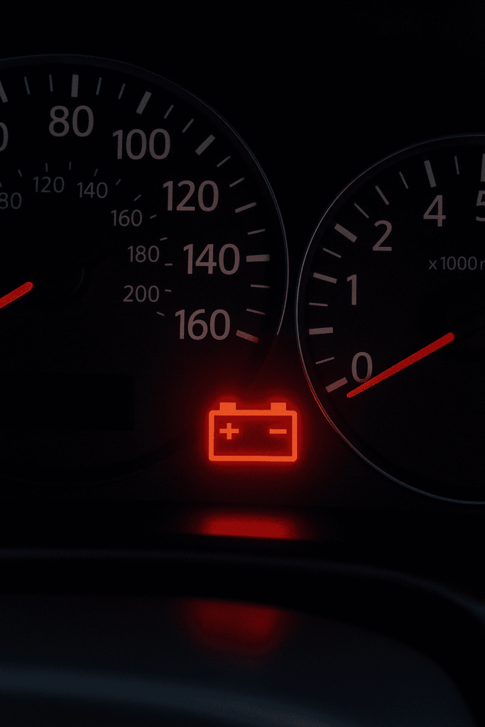 Red battery warning light illuminated on vehicle dashboard, indicating potential charging system failure, relevant to automotive maintenance and repair.