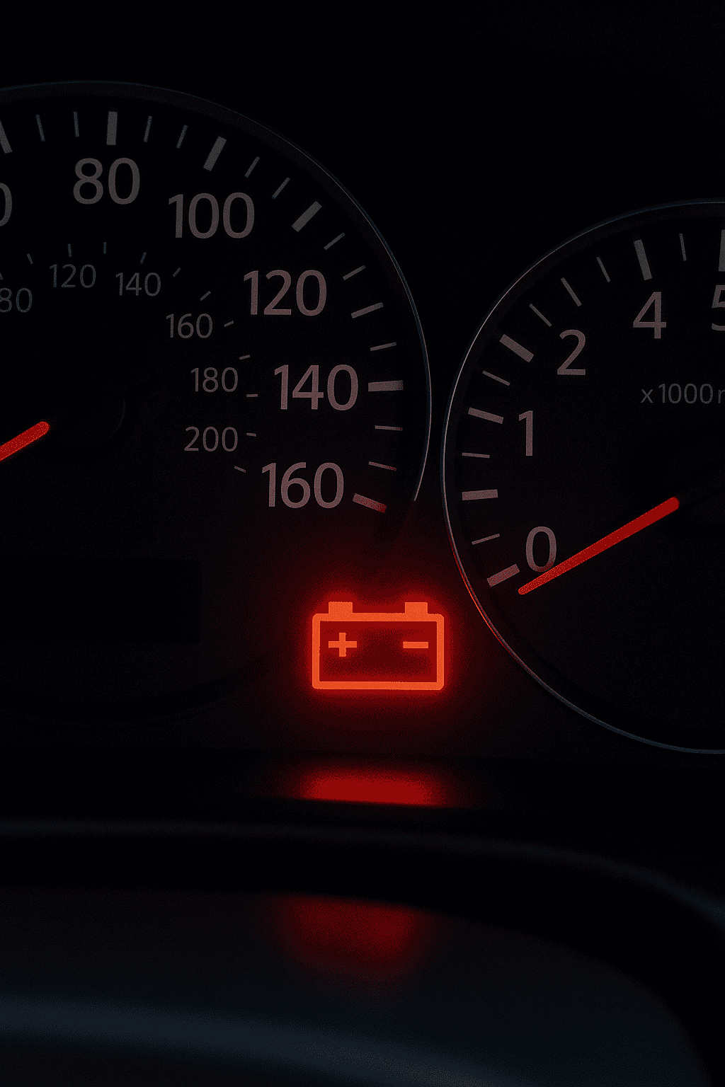 Red battery warning light illuminated on vehicle dashboard, indicating potential charging system failure, relevant to vehicle maintenance and battery issues.