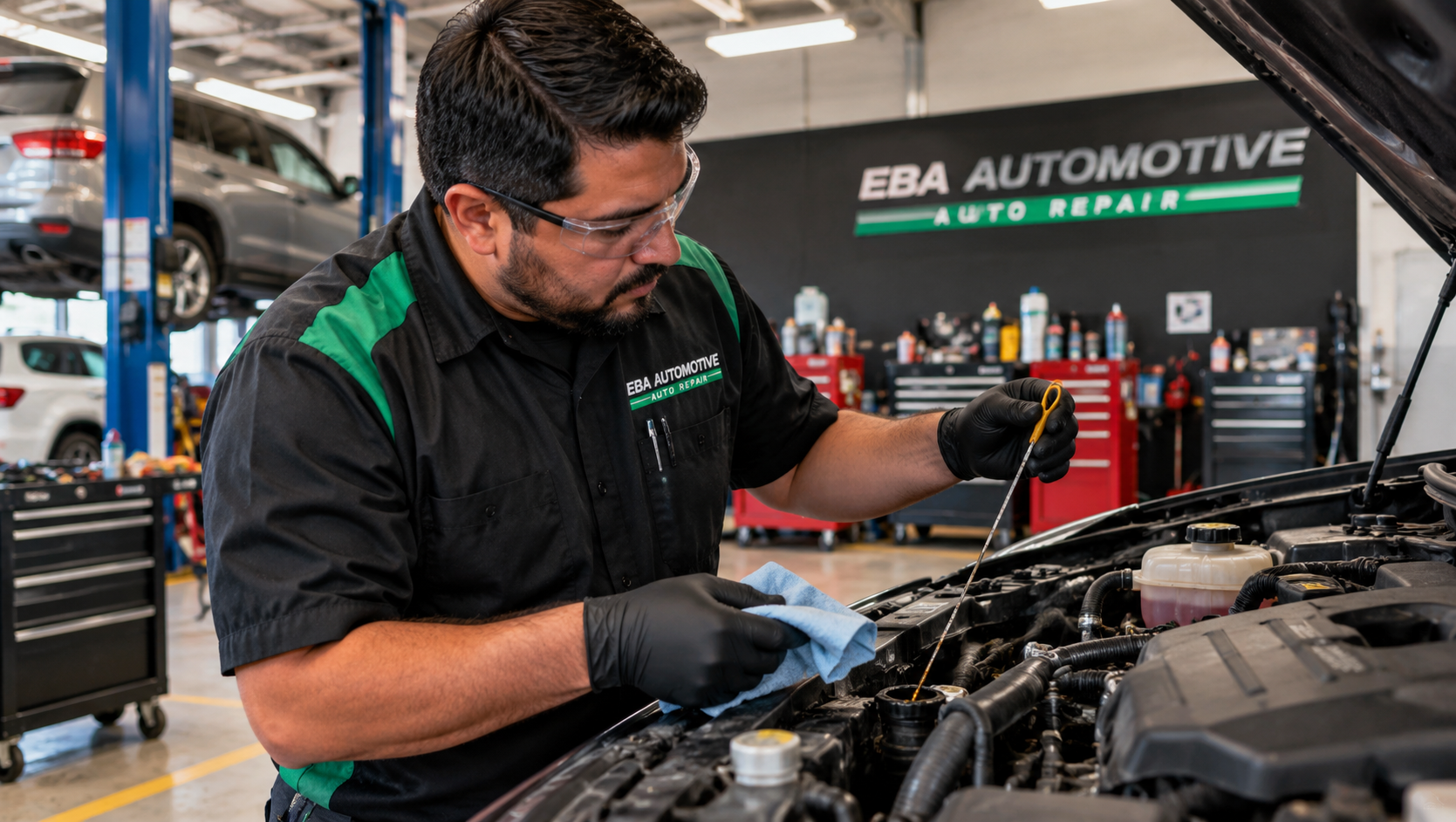 EBA Automotive technician checking engine oil during routine vehicle maintenance in an auto repair shop.