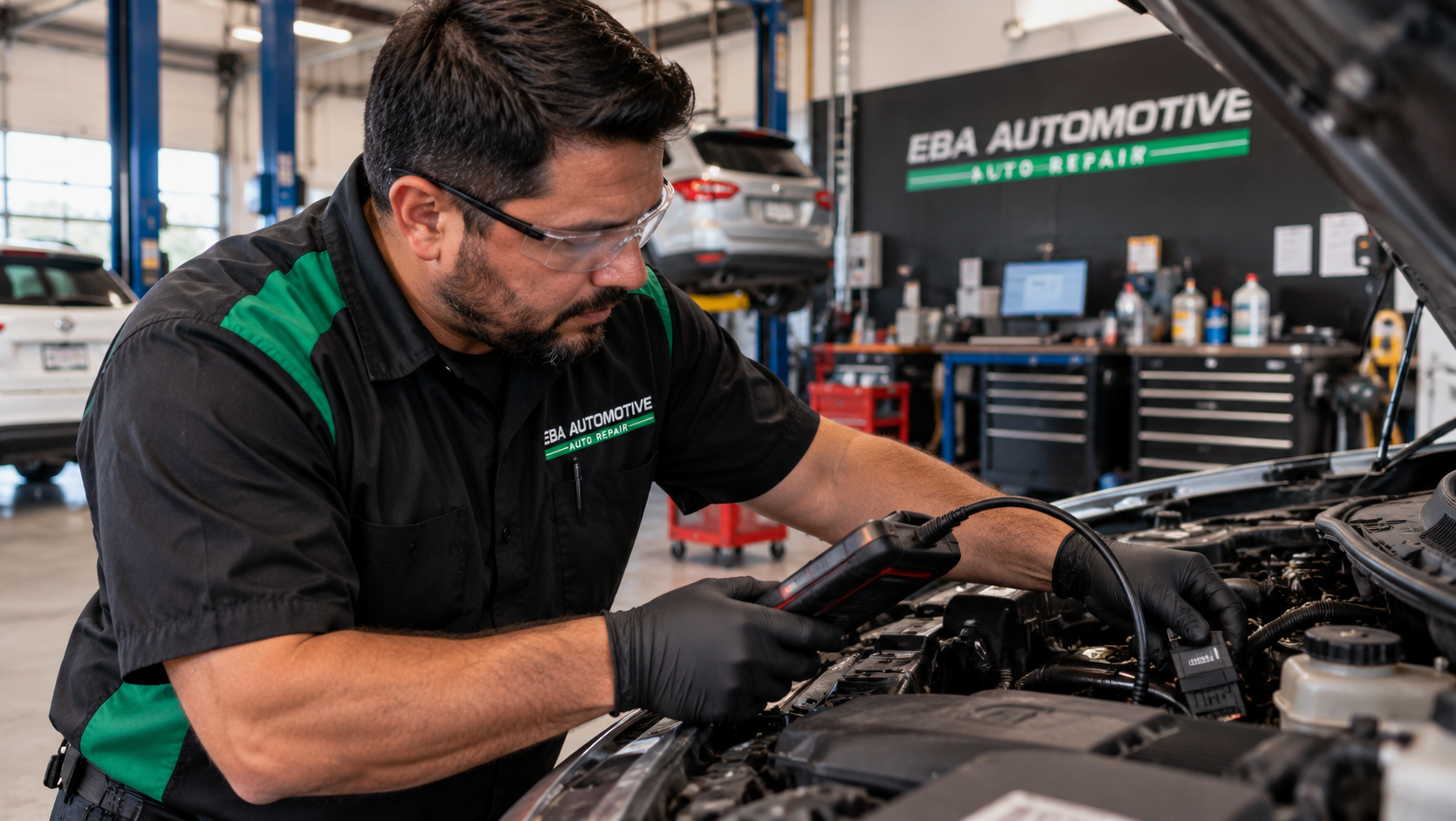 EBA Automotive technician performing an emissions and diagnostic check on a vehicle in an Allen, Texas auto repair shop.
