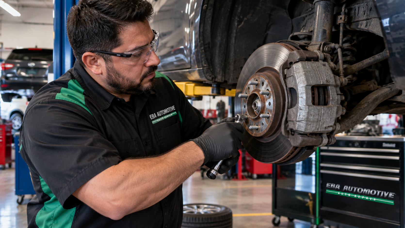 EBA Automotive technician inspecting a vehicle’s brake rotor and caliper inside an auto repair shop in Allen, Texas.