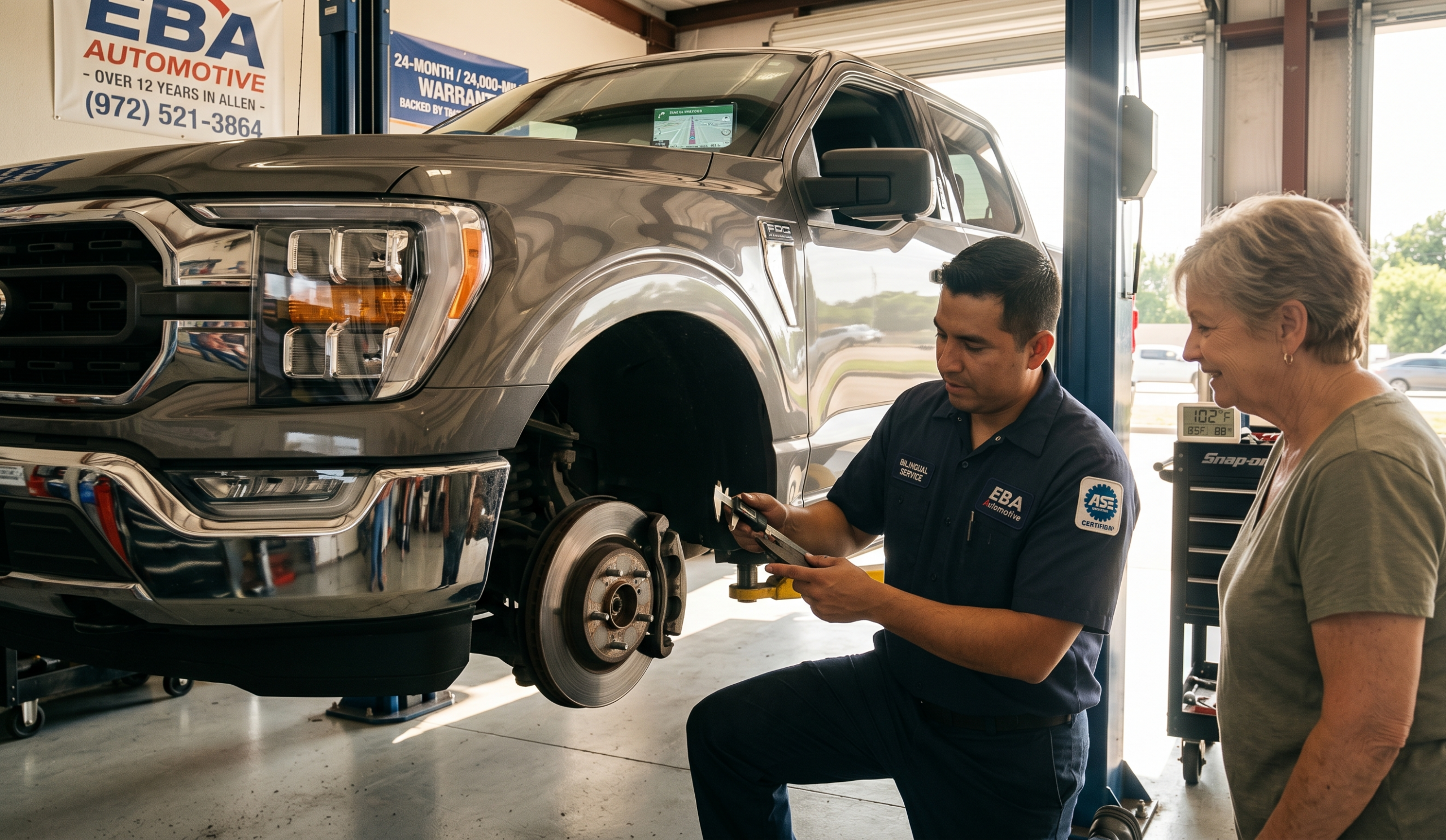 Brake repair in summer heat at EBA Automotive in Allen TX
